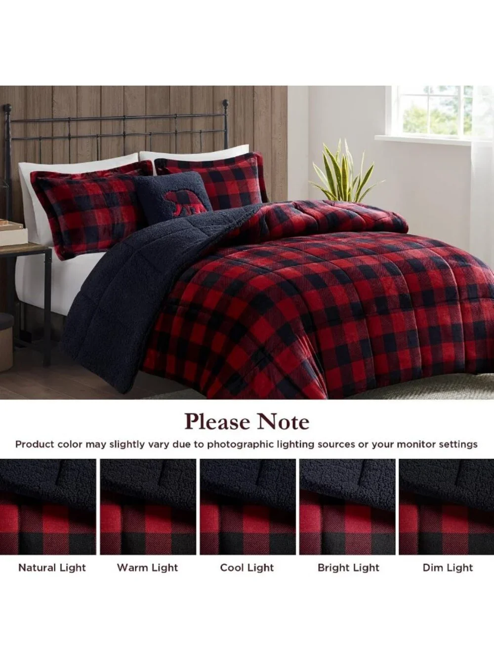 Cozy Reversible Sherpa King Comforter Set, Soft Plush Red & Black 4PC Bedding